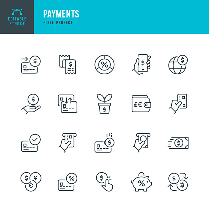 PAYMENTS - thin line vector icon set. 20 linear icon. Pixel perfect. Editable outline stroke. The set contains icons: Credit Card Purchase, Making Money, Sending Money, Receiving Payment, Investment, Piggy Bank, Cash Back.