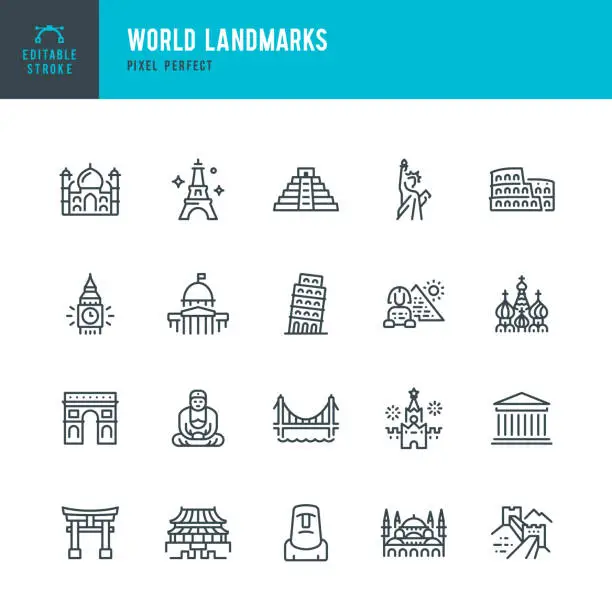 Vector illustration of World Landmarks - thin line vector icon set. Pixel perfect. Editable stroke. The set contains icons: Eiffel Tower, Giza Pyramids, Statue of Liberty, Big Ben, Taj Mahal, Great Wall Of China, Moai Statue.