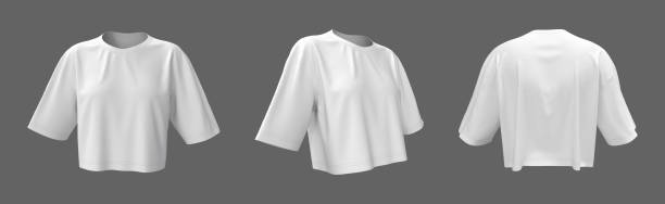 mockup di t-shirt ritagliata da donna, vista anteriore, laterale e posteriore - bassiera foto e immagini stock
