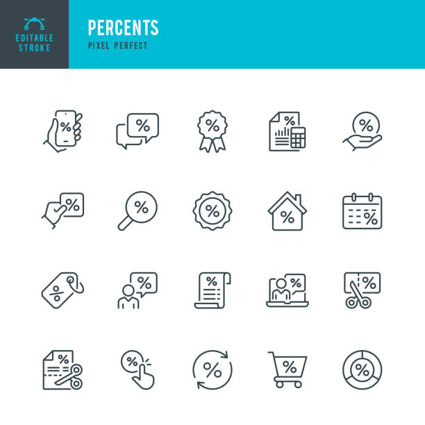 stockillustraties, clipart, cartoons en iconen met percents - thin line vector icon set. pixel perfect. editable stroke. the set contains icons: discount shopping, coupon, searching discounts, tax refund, accountancy, mortgage, loan. - financiële