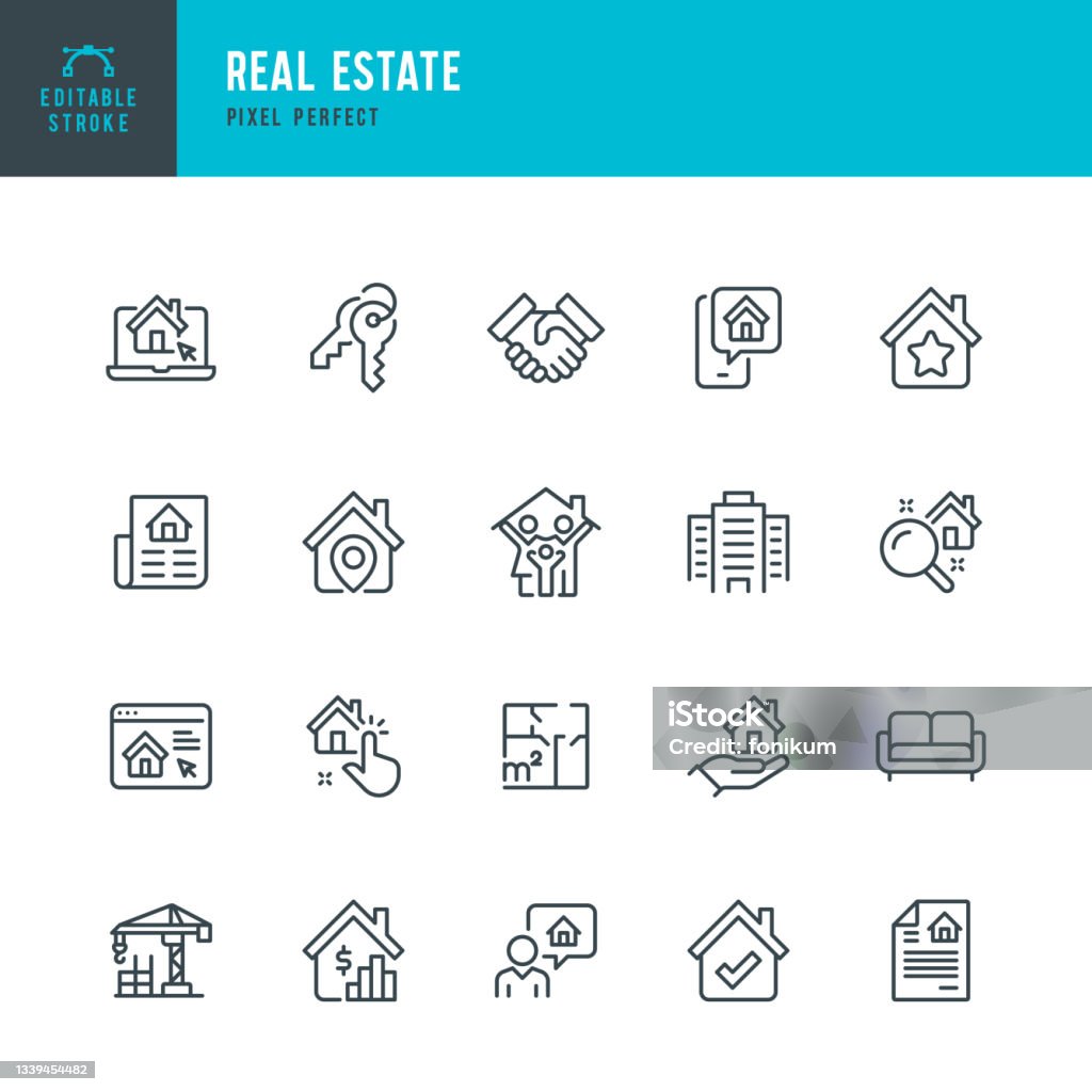 REAL ESTATE - set di icone vettoriali a linea sottile. Pixel perfetto. Tratto modificabile. Il set contiene icone: Appartamento, Edificio Residenziale, Sviluppatore Immobiliare, Agente Immobiliare, Investimento Immobiliare, Contratto di Locazione. - arte vettoriale royalty-free di Icona