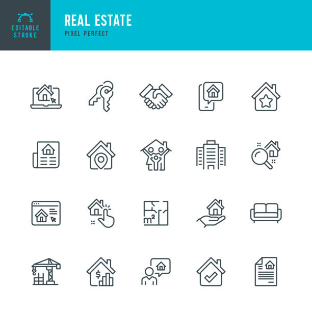 REAL ESTATE - thin line vector icon set. 20 linear icon. Pixel perfect. Editable outline stroke. The set contains icons: Apartment, Residential Building, Real Estate Developer, Real Estate Agent, Real Estate investment, Lease Agreement, Real Estate Searching.