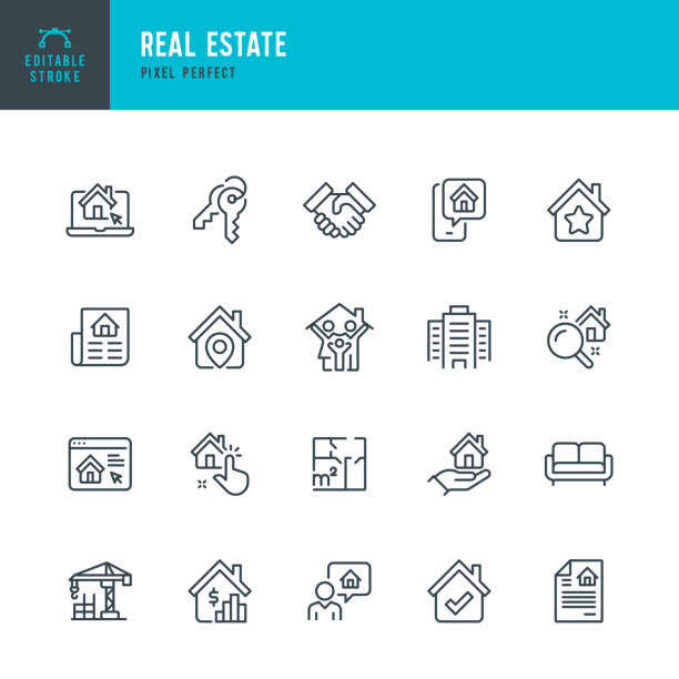 ilustrações de stock, clip art, desenhos animados e ícones de real estate - thin line vector icon set. pixel perfect. editable stroke. the set contains icons: apartment, residential building, real estate developer, real estate agent, real estate investment, lease agreement. - man made space