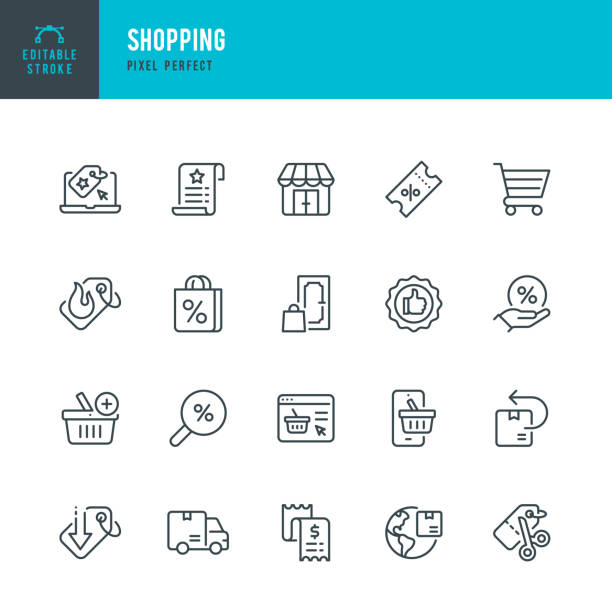 ilustrações de stock, clip art, desenhos animados e ícones de shopping - thin line vector icon set. pixel perfect. editable stroke. the set contains icons: online shopping, black friday, discounts, best price, home shopping, home delivery, store, searching discounts, delivery van. - loja