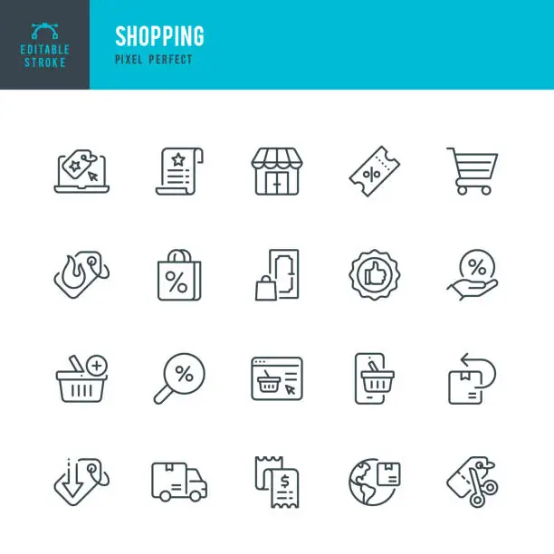 Vector illustration of SHOPPING - thin line vector icon set. Pixel perfect. Editable stroke. The set contains icons: Online Shopping, Black Friday, Discounts, Best Price, Home Shopping, Home Delivery, Store, Searching Discounts, Delivery Van.