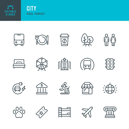 CITY - thin line vector icon set. 20 linear icon. Pixel perfect. Editable outline stroke. The set contains icons: Public Park, Attractions, Restaurant, Bank, Hospital, Store, Public Transportation, Airport, Hotel, Hostel, Gym, Electric Vehicle Charging Station, Zoo.