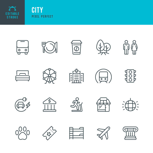 CITY - thin line vector icon set. Pixel perfect. Editable stroke. The set contains icons: Public Park, Attractions, Restaurant, Bank, Hospital, Store, Public Transportation, Airport, Hotel, Hostel, Gym, Electric Vehicle Charging, Zoo. CITY - thin line vector icon set. 20 linear icon. Pixel perfect. Editable outline stroke. The set contains icons: Public Park, Attractions, Restaurant, Bank, Hospital, Store, Public Transportation, Airport, Hotel, Hostel, Gym, Electric Vehicle Charging Station, Zoo. travel icons stock illustrations