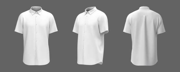 Short-sleeve collared shirt outfit for the office in front, side and black views. stock photo