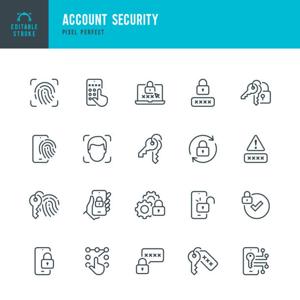 stockillustraties, clipart, cartoons en iconen met account security - thin line vector icon set. pixel perfect. editable stroke. the set contains icons: digital authentication, verification, privacy protection, face identification, fingerprint scanner, security technology. - lock