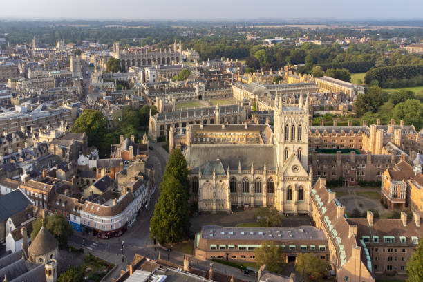 Aerial view of Cambridge, Cambridgeshire, England, UK Wide angle aerial view of Cambridge city centre, the University of Cambridge and St John's College Chapel can be seen. cambridge england stock pictures, royalty-free photos & images