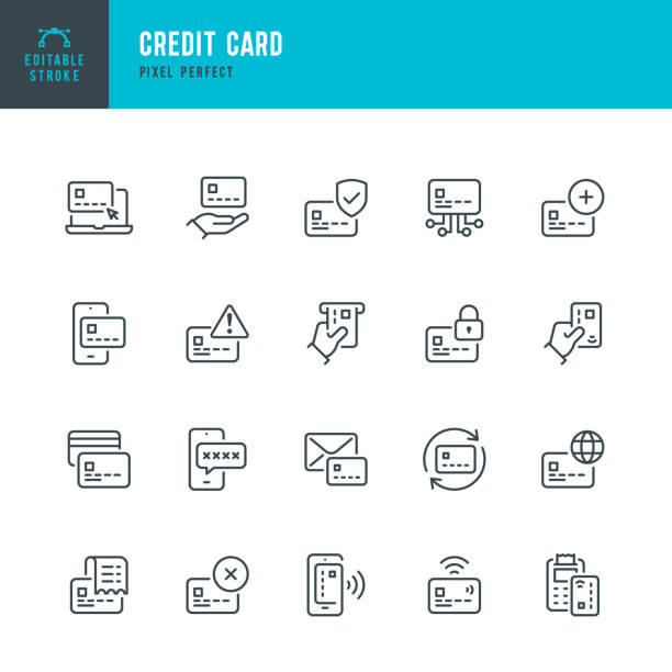 Credit Card - thin line vector icon set. Pixel perfect. Editable stroke. The set contains icons: Credit Card, ATM, Contactless Payment, Credit Card Reader, Mobile Payment. Credit Card - thin line vector icon set. 20 linear icon. Pixel perfect. Editable outline stroke. The set contains icons: Credit Card, ATM, Contactless Payment, Credit Card Reader, Bank Statement, Mobile Payment. credit card stock illustrations
