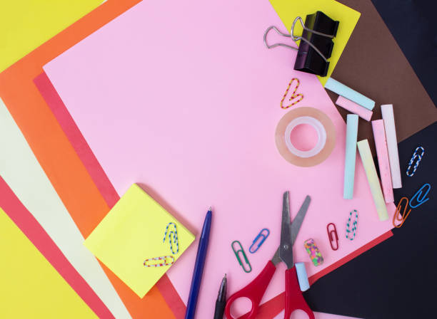 istock Different stationery on multicolored colorful background, flat lay with space for text. Back to school 1339454743