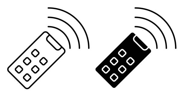 Linear icon. Control tv panel with radio waves. Remote control of electronic devices. Simple black white vector isolated on white background Linear icon. Control tv panel with radio waves. Remote control of electronic devices. Simple black white vector isolated on white background remote controlled stock illustrations