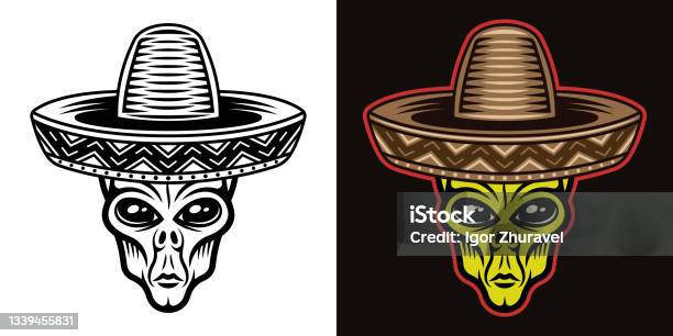 Alien Head In Sombrero Hat Vector Illustration In Two Styles Black On ...