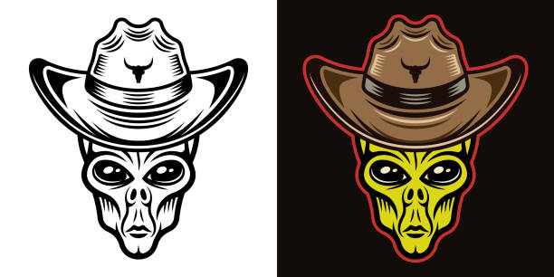 ilustrações de stock, clip art, desenhos animados e ícones de alien head in cowboy hat vector illustration in two styles black on white and colorful on dark background - aliens and cowboys