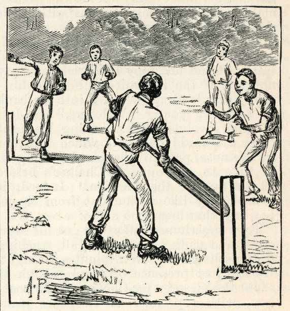 Boys playing a game of Cricket, Bowler and batsman, Victorian sports illustration Vintage illustration of Boys playing a game of Cricket, Bowler and batsman, Victorian sports illustration, 1880s cricket team stock illustrations