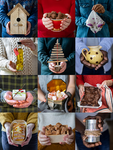 A 3x4 image montage of unrecognisable people holding handmade Christmas gifts.