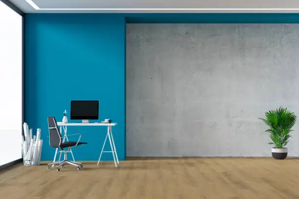 Home office - workdesk with computer, equipment and decoration on hardwood floor in front of empty partly sky blue, partly concrete wall with copy space. 3D rendered image.