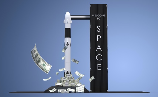ticket price for space, illustration with rocket and banknotes - 3D rendering