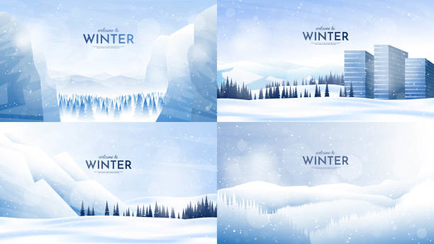 vector illustration. flat winter landscape. simple snowy backgrounds. snowdrift. snowfall. clear blue sky. blizzard. snowy weather. winter season. panoramic wallpapers. set of backgrounds. - 雪蓋山頂 幅插畫檔、美工圖案、卡通及圖標