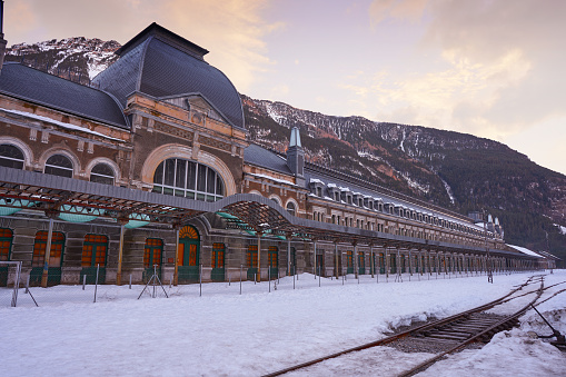 Canfranc train station in Huesca on Pyrenees at Spain