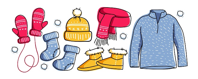 Warm knitted clothes for winter. Winter accessories, mittens, cap, scarf, socks, sweatshirt, shoes. Linear Vector sketch. Cozy Winter clothing. Seasonal element on white background.