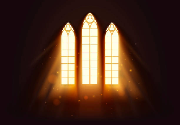 illustrazioni stock, clip art, cartoni animati e icone di tendenza di illustrazione vettoriale la luce fluisce nella finestra della chiesa - cattedrale