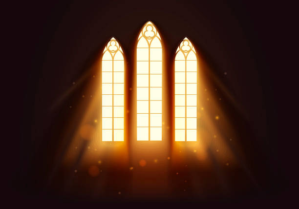 벡터 일러스트 라이트가 교회 창으로 흘러들어갑니다. - chapel stock illustrations