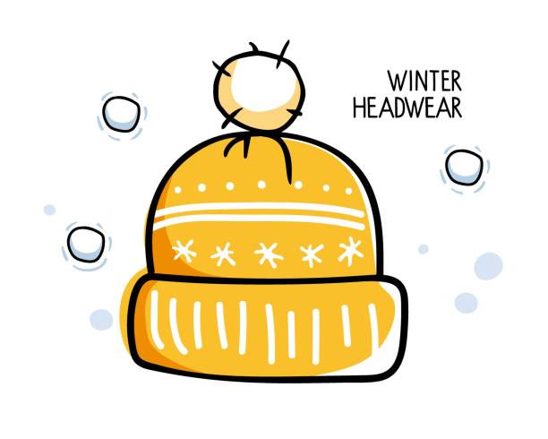 ilustrações de stock, clip art, desenhos animados e ícones de winter headdress with inscription. bright yellow knitted hood with pompone and pattern for men and women. linear vector sketch icon isolated on white background. seasonal design element - knit hat