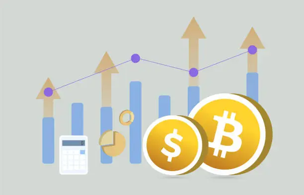 Vector illustration of Bitcoin BTC and USD Currency money business concept. All time high cryptocurrency revenue and fiat coins, calculator and income graph on the background. Coin exchange illustration