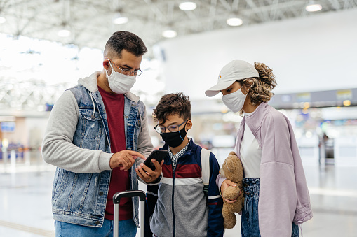 Father and children wearing mask at the airport