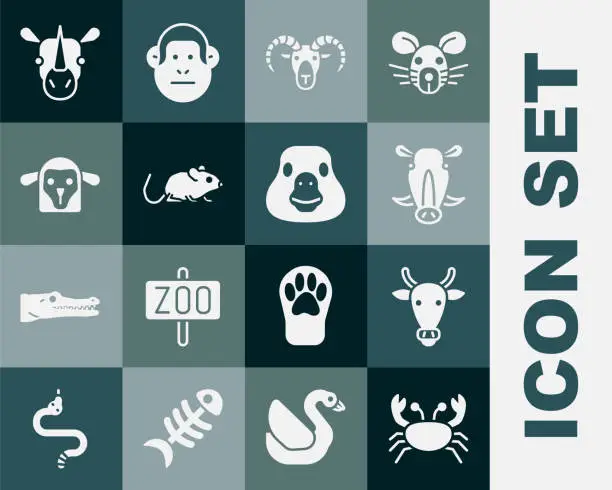 Vector illustration of Set Crab, Cow head, Wild boar, Head of goat or ram, Rat, Sheep, Rhinoceros and Goose bird icon. Vector