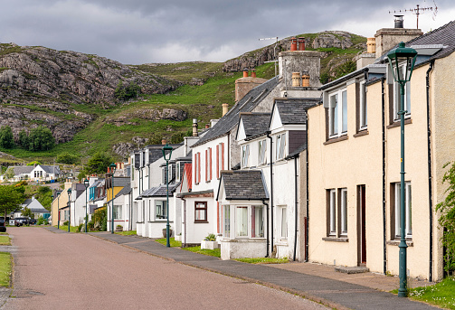 Cottages on the road in the picturesque seaside village of Sheildaig in Wester Ross, in the far North West of Scotland.