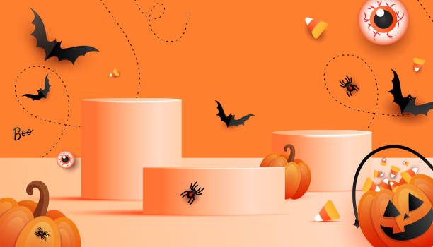 istock Happy halloween festive product display podium with scary pumpkin face, spider web and spider decorations on orange background. Online shopping concept 1339475235