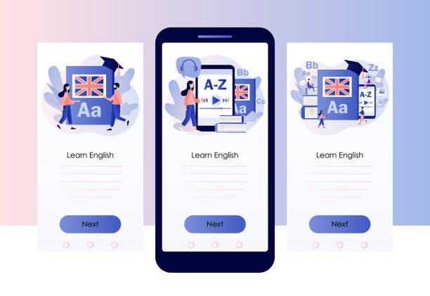 sprachkurse oder schule online. winzige leute, die englisch mit smartphone-app lernen. fernunterricht. bildschirmvorlage für handy, smartphone app. moderner flacher cartoon-stil. vektor-illustration - english dictionary stock-grafiken, -clipart, -cartoons und -symbole