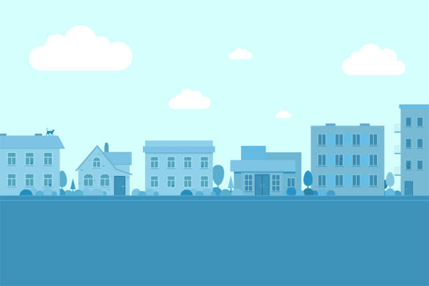 Town street with buildings. City landscape road and low-rise houses in various architecture styles. Metropolis outskirt sidewalk vector illustration Town street with buildings. City landscape road and low-rise houses in various architecture styles. Metropolis outskirt sidewalk vector eps illustration blue house stock illustrations