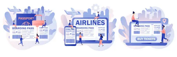 Vector illustration of Airline boarding pass ticket. Tiny people booking flights travel online. Buy ticket online. International airline. Modern flat cartoon style. Vector illustration on white background