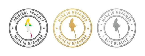 Vector illustration of Made in Myanmar - set of stamps with map and flag. Best quality. Original product.