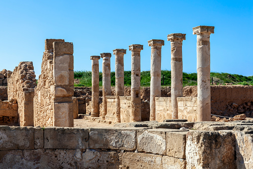 Ancient city of Aphrodisias belonging to the Roman Empire period. Ancient city ruins, columns, aqueducts, ancient baths, temples, amphitheaters and stadiums from the Roman period