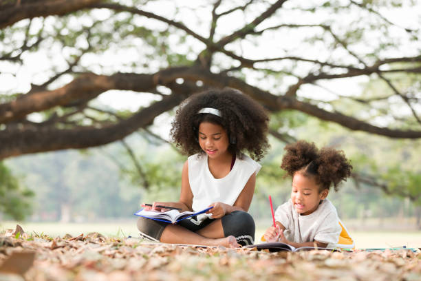 istock Two African American little girl using pencil writing and doing homework on notebook together in the park. Happy two kids girl drawing on notebook with pencil while sitting and lying on mat outdoor 1339478532