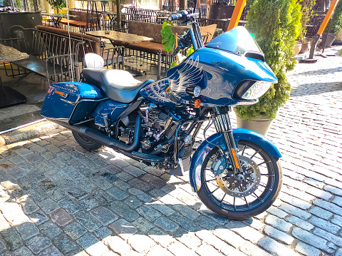 Kiyv, Ukraine - August 30, 2021: View of a Harley Davidson screamin eagle 110 parked in the street in the morning