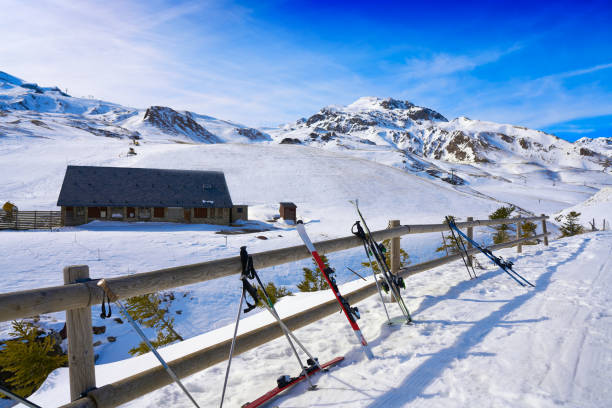 Bec de Roces, Italy, January 25. 2009. View of a mountain hut in the Dolomites. Lots of skiers on their way to the hut for lunch.