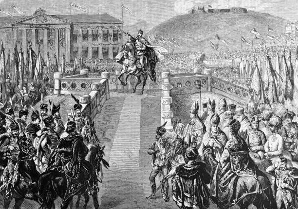 Coronation festival in Budapest: King's ride on the king hill Illustration from 19th century. как настоять пчелиный подмор stock illustrations