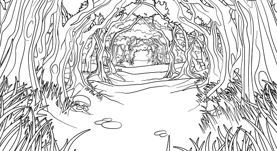 A fairytale fantasy magic woodland forest trees tunnel background landscape scene. Outline black and white coloring book page