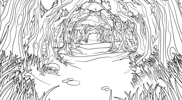 Vector illustration of Forest Woodland Trees Path Coloring Book Scene
