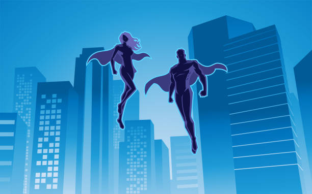 wektorowa para superbohaterów na ilustracji stockowej miasta - superhero comic book cityscape flying stock illustrations