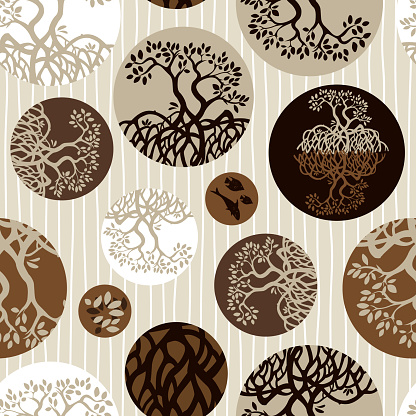 Vector brown of mangrove plants seamless repeat pattern which commonly grows on a tropical beach with round circles 01. Suitable for textile, gift wrap and wallpaper.Surface pattern design.