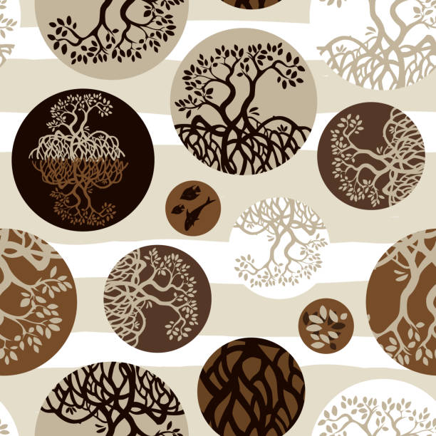 Vector brown of mangrove plants seamless repeat pattern which commonly grows on a tropical beach with round circles 02. Suitable for textile, gift wrap and wallpaper. Vector brown of mangrove plants seamless repeat pattern which commonly grows on a tropical beach with round circles 02. Suitable for textile, gift wrap and wallpaper.Surface pattern design. mangrove habitat stock illustrations