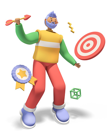 Goal achievement - colorful 3D style illustration cartoon style character. Adult man tries to hit the target with an arrow. Victory, sense of purpose, single-mindedness, enthusiastic, directed