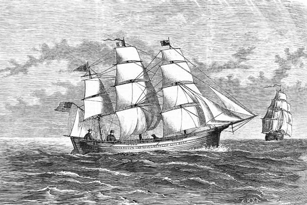 Miniature three-master sailing ship Illustration from 19th century. the past illustrations stock illustrations